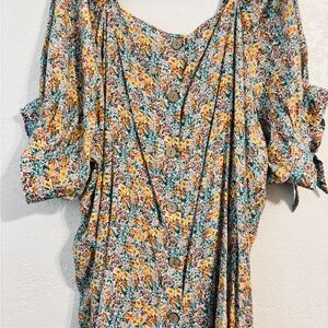 LC Lauren Conrad Yellow and Green Floral Button-Front Top